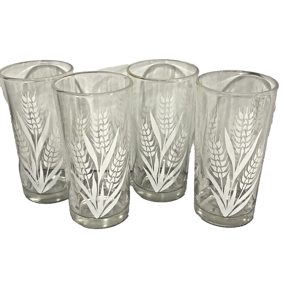 Vintage Mid Century Glassware Set of 4 Glasses Clear White Wheat Motif Tumblers - Picture 1 of 6